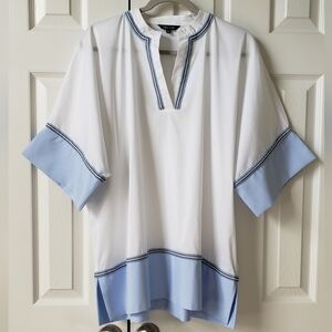 **Misook Cotton-Blend White Blouse with Light Blue Contrast Trim, Size XL**